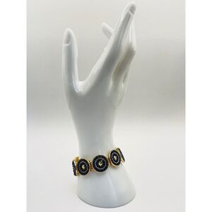 Gold Tone Blue Beaded Medallion Stretch Bracelet Vintage Style Boho Statement